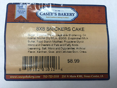 Casey's Bakery Inc. Issues Allergy Alert On Undeclared Peanuts in Snickers 8x8 Cake